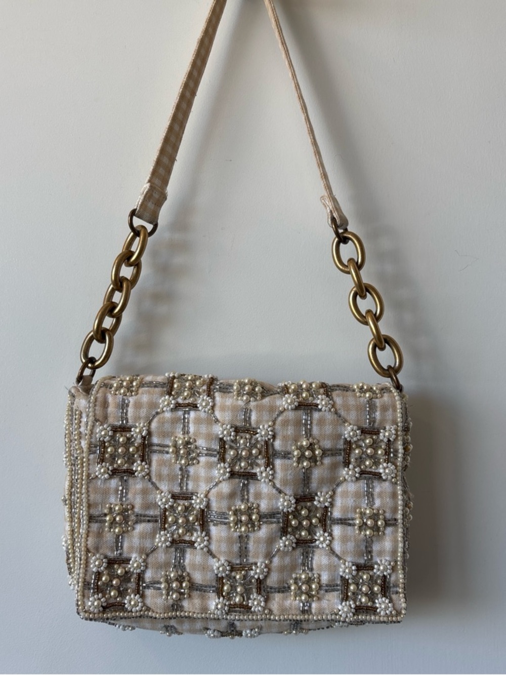 ‘ Zara’ Beaded Pearl Gingham Print Shoulder Flap Bag